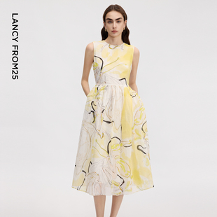新款 朗姿25苎麻无袖 印花收腰连衣裙设计感a字大摆裙气质通勤夏季