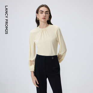 口上衣2024年春季 衬衫 新款 口加厚长袖 女 泡泡袖 朗姿小众设计蕾丝袖