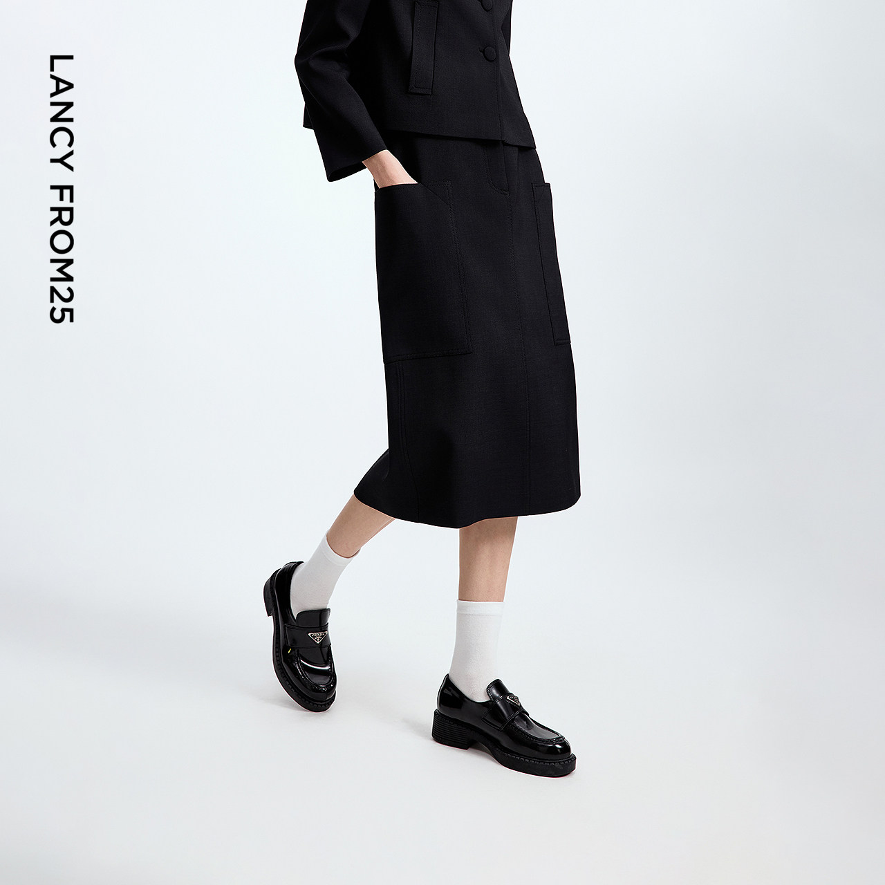 朗姿复古后开叉设计感直筒半身裙女黑色高级裙子2025年秋季新款