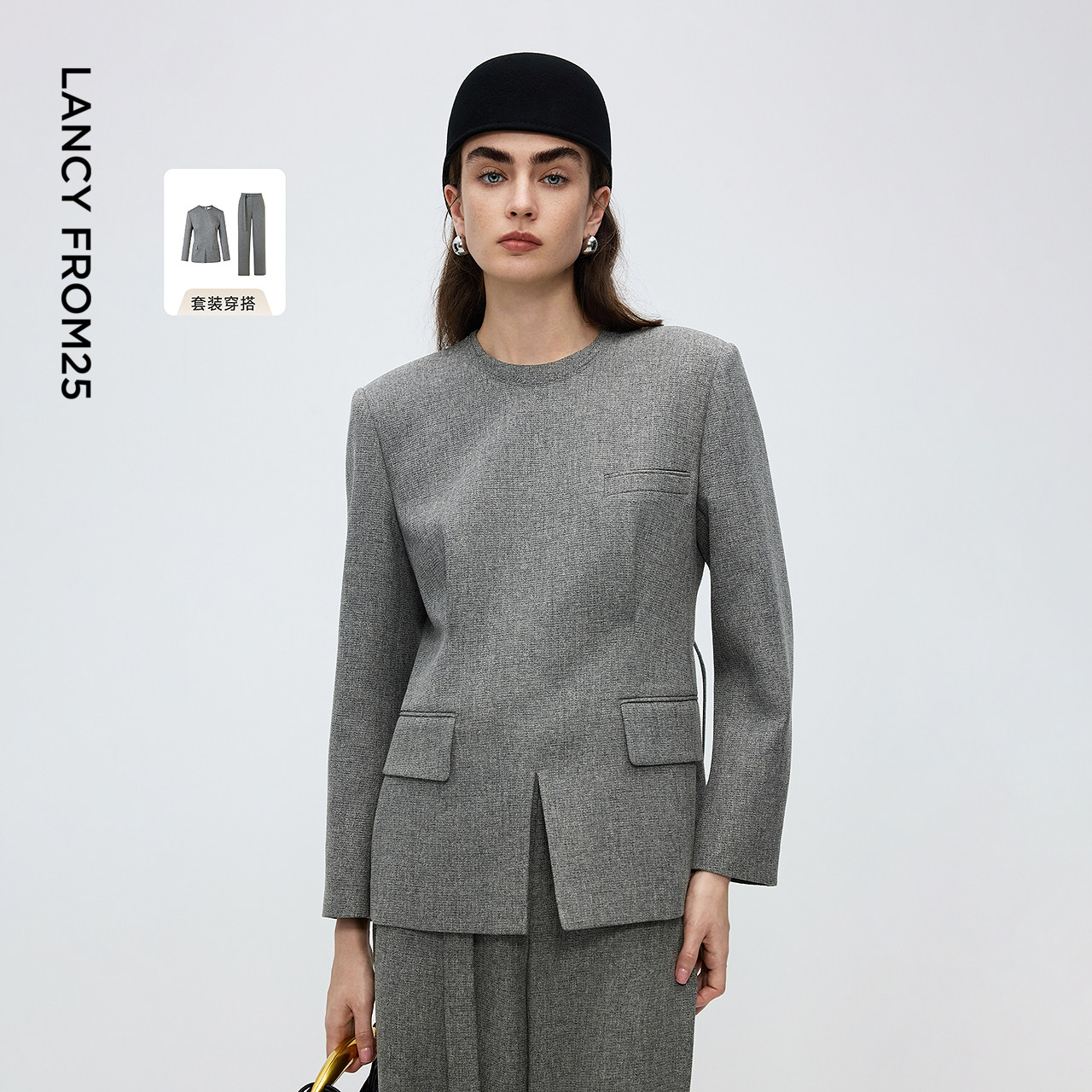 经典圆领 本料腰带 开衩下摆