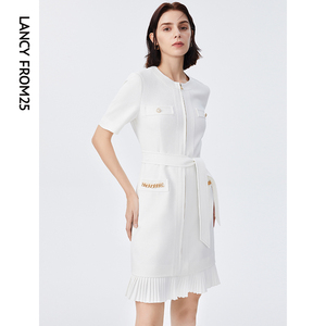 朗姿法式小香风小白裙夏新款赫本风中长款醋酸连衣裙女高级感裙子