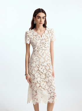 朗姿V领气质修身蕾丝收腰镂空高级感轻礼服2025年秋季新款连衣裙