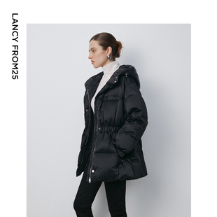 朗姿欧洲EiLEEN ELITEE黑色进口白鹅绒连帽高级感羽绒服冬季