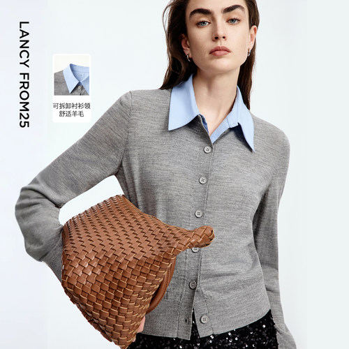 朗姿可拆卸衬衫领针织开衫撞色气质设计感通勤上衣2025年秋季新款
