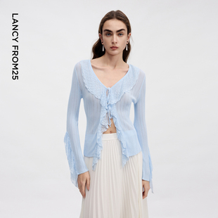 新款 2026年夏季 圆领荷叶边蕾丝针织开衫 朗姿25设计感气质针织衫