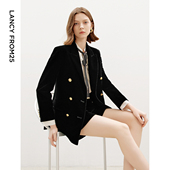 朗姿高级感时尚 新款 职业西装 外套复古双排扣正肩丝绒西服2024冬季