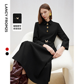 朗姿复古赫本风高智气质长袖 连衣裙 收腰修身 a字裙2025春季 新款