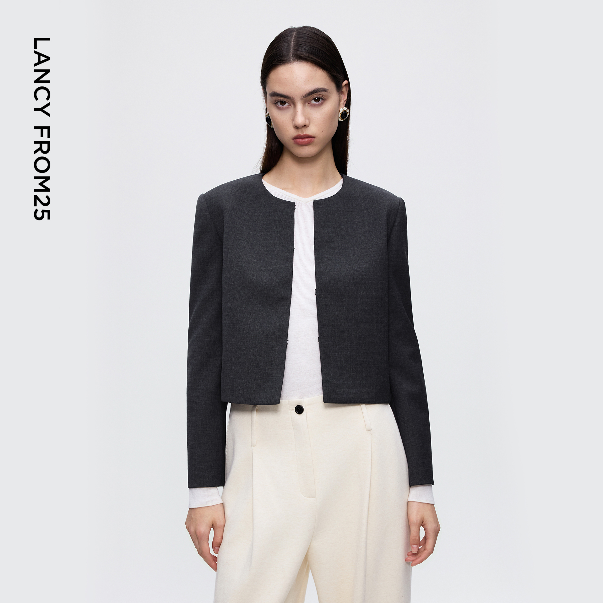 朗姿简约灰色羊毛短外套/西裤女圆领小香风上衣2025年冬季新款