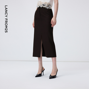 羊毛前开叉长款 新品 半身裙女 百搭半裙设计感春季 朗姿25设计感时尚