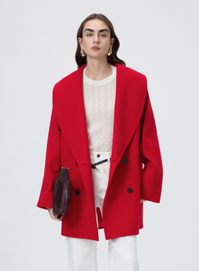 【MONEY HONG】朗姿羊毛翻领双排扣中长款毛呢外套2026年春季新款