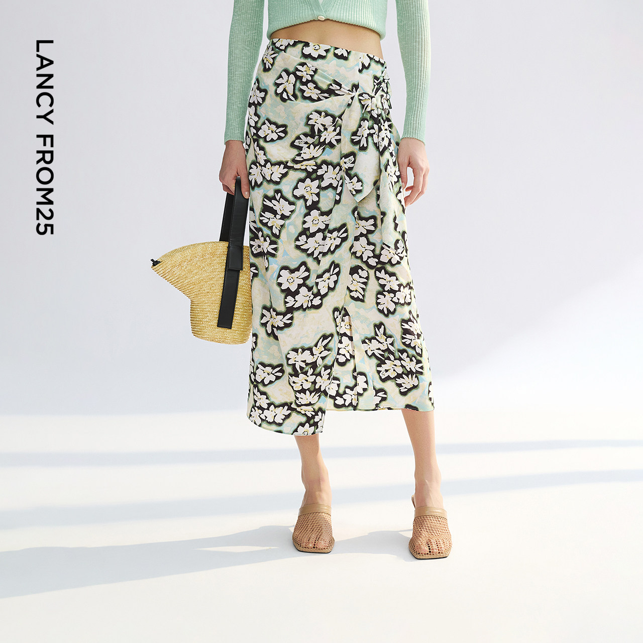 朗姿25高腰碎花开衩裙修身气质高级感夏季新款中长款半身裙女