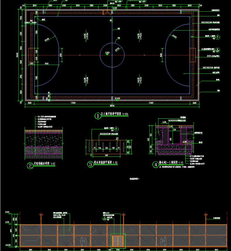 八人制五人制足球场钢丝围网排水沟节点详图CAD施工平面立面图