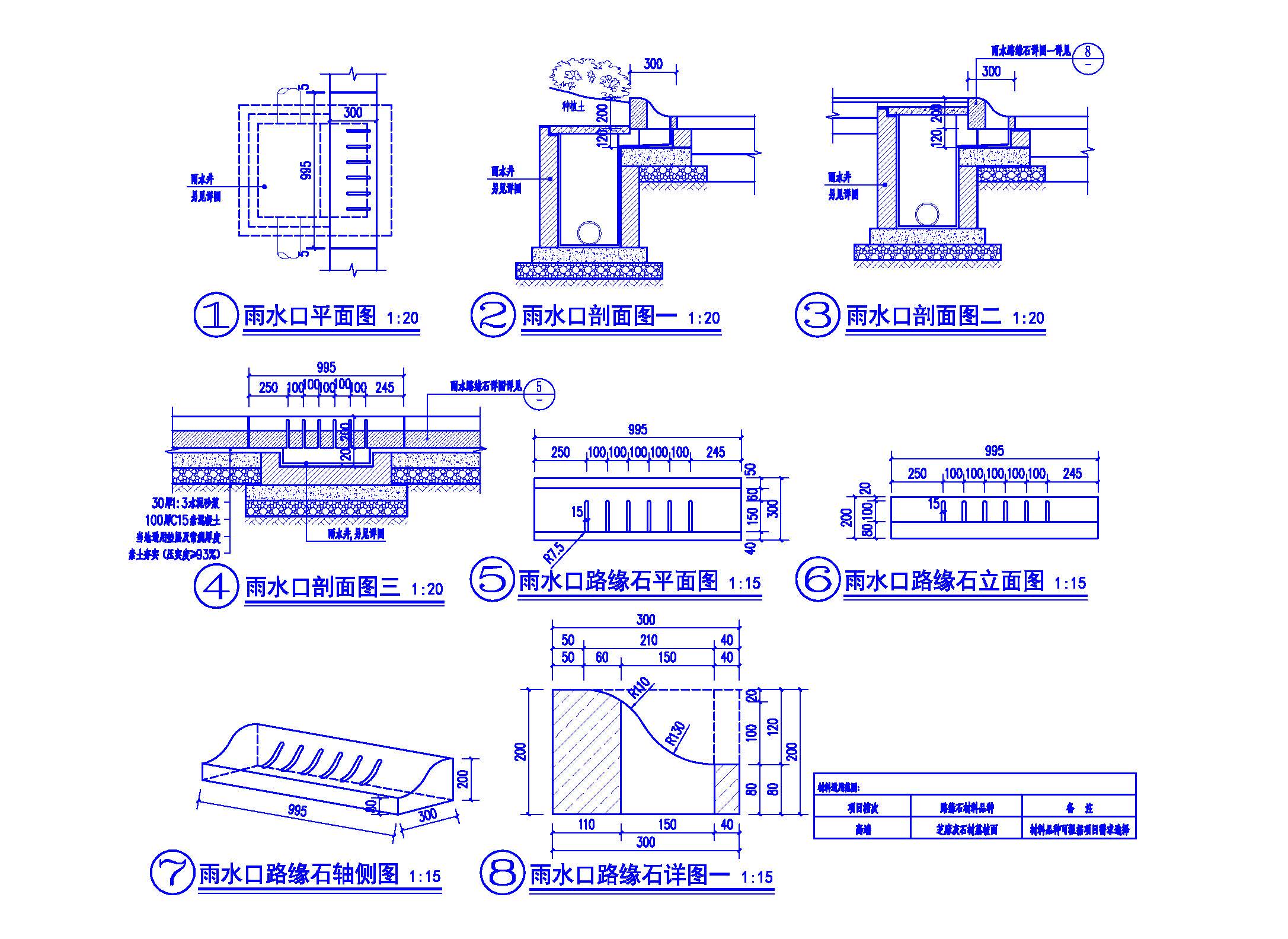 景观雨水口路沿石道路收边人行道转弯路缘石无障碍通道cad施工图