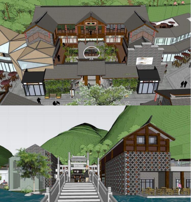 中式川西山脚滨河度假村商业步行街酒吧街酒店民宿草图大师SU模型