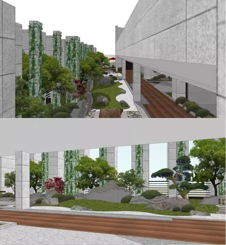 高层办公楼屋顶露台花园su禅意日式枯山水园林景观效果图su模型