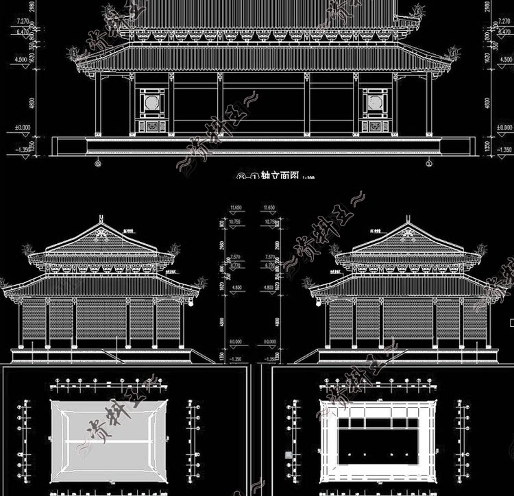 歇山顶轴重檐口重檐屋顶古建筑cad施工图平立面图节点剖面大样图