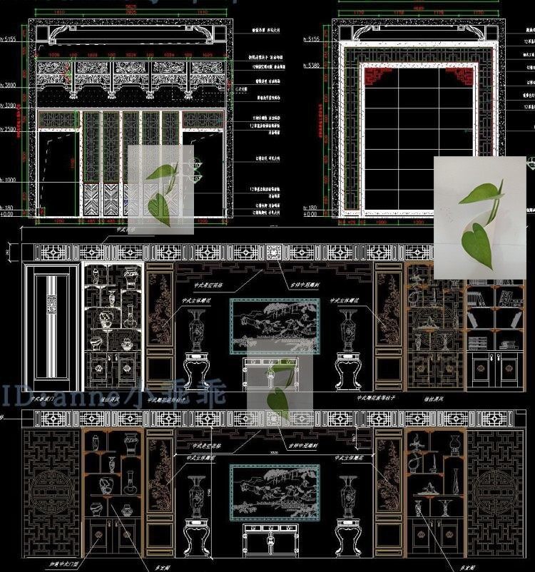 中式古典家装住宅茶室背景墙护墙板垭口木格栅隔断屏风cad立面图