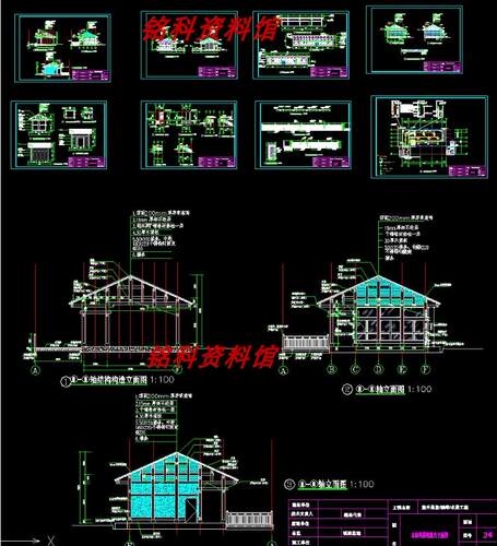 用作室外酒吧茶室水景单层木结构房屋小木屋木栏杆全套CAD施工图