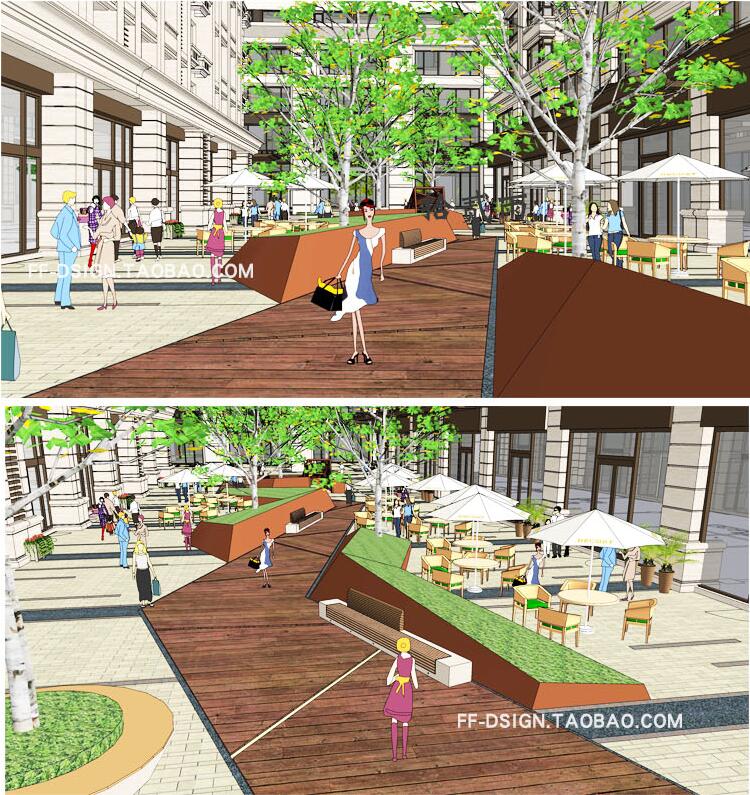 sketchup沿街商业街中庭景观设计折线异形树池坐凳草图大师su模型