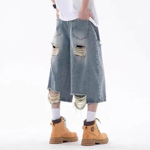 七分裤vintage蓝直筒男款美式高腰复古裤子高街夏季破洞牛仔短裤