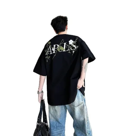 潮牌新款花卉上衣T恤男女美式刺绣重磅高街字母短袖白灰色2025年