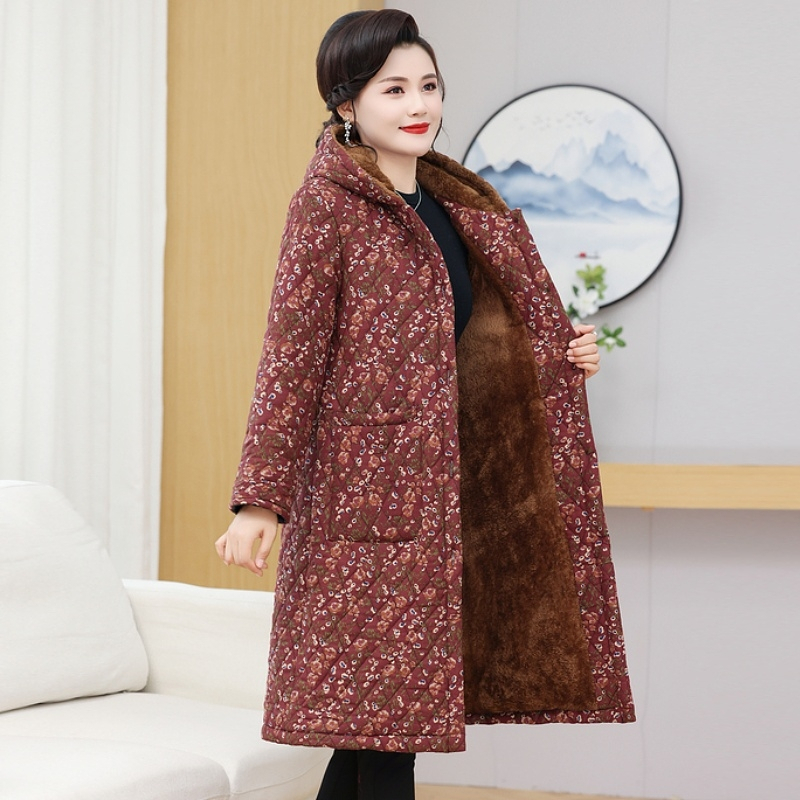 妈妈冬装长款过膝棉衣加绒加厚中老年女装棉服外套洋气保暖花棉袄