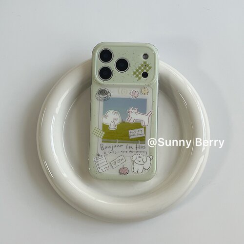 向日的浆果ins韩系小众春日来信清新绿小猫小狗花花拼贴适用苹果17pro手机壳iphone16promax/14/15保护套防摔
