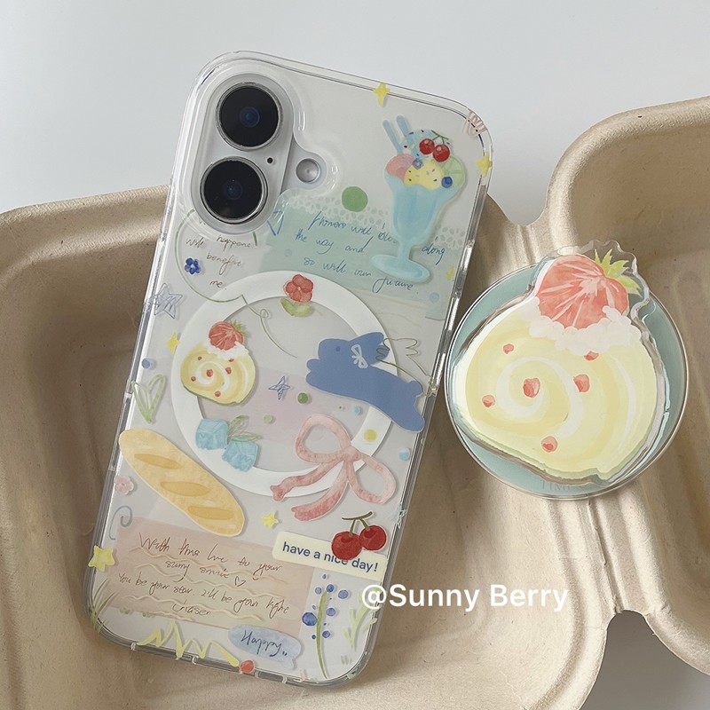 向日的浆果ins小众少女可爱拼接甜点兔子英文插画磁吸适用苹果16pro手机壳iphone15promax/14/13保护套防摔