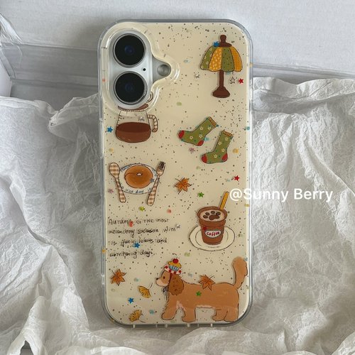 向日的浆果ins风小众可爱秋意渐浓黄色小狗枫叶咖啡泼墨适用苹果16pro手机壳iphone15promax/14/13保护套防摔