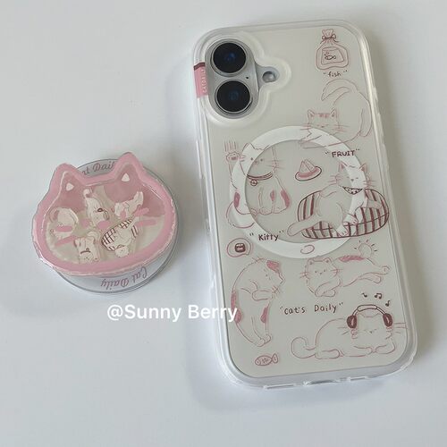 向日的浆果ins韩系小众治愈可爱少女粉线条小猫磁吸支架适用苹果17pro手机壳iphone16promax/15/14保护套防摔