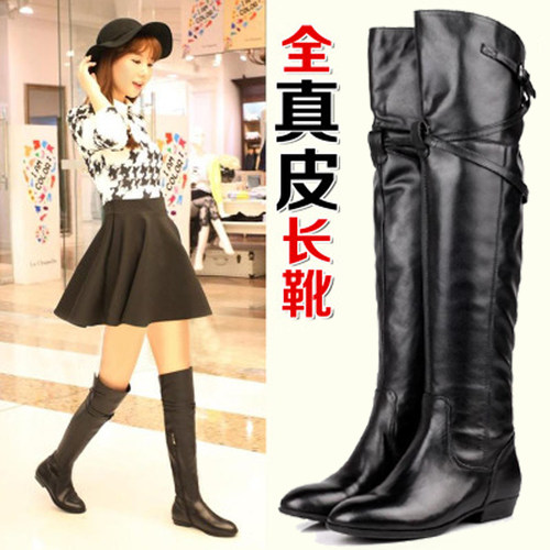 冬季加绒平跟黑色全皮过膝长靴