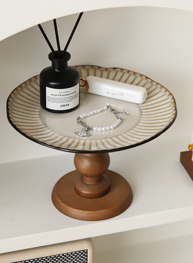 中古风玄关收纳摆件高级感小众香薰香水复古高脚托盘首饰品展示架