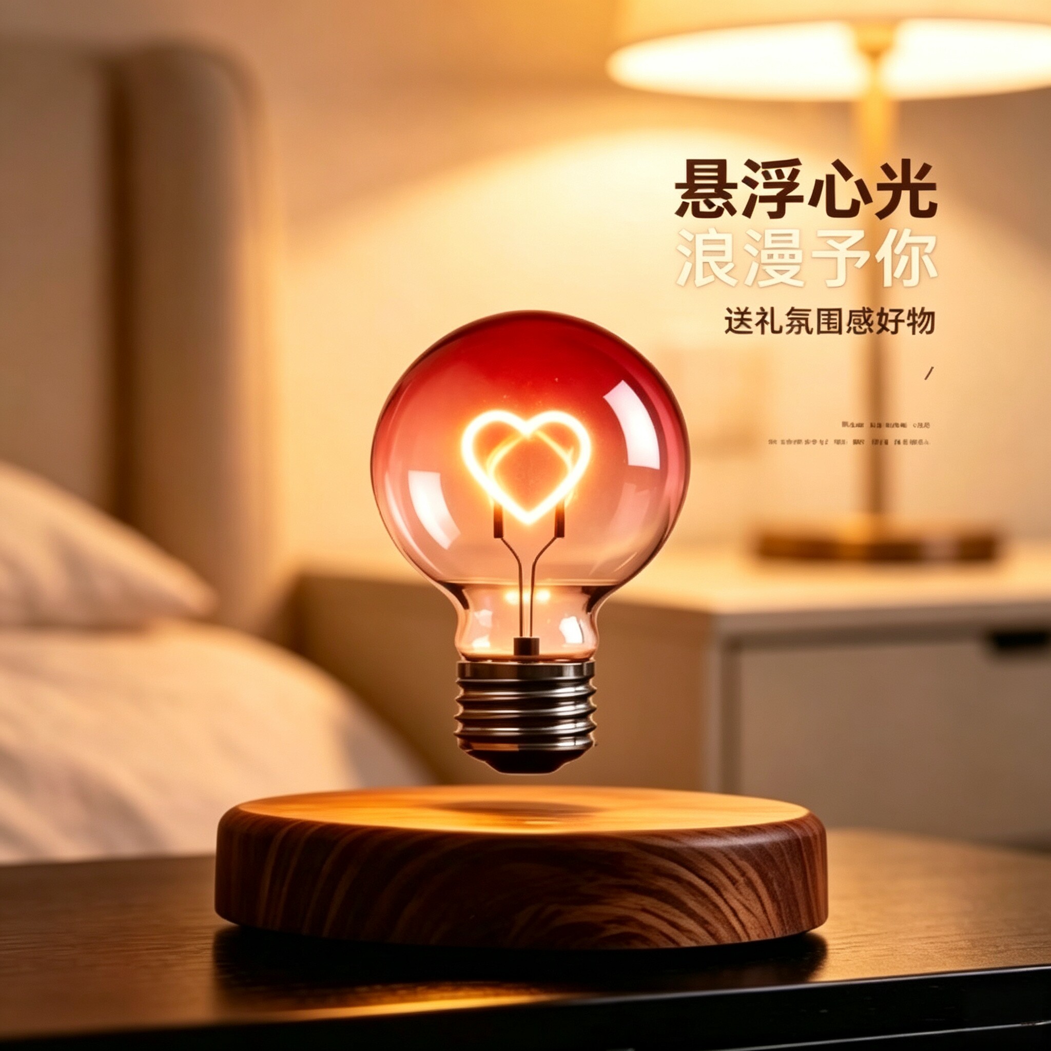 磁悬浮灯泡爱心小夜灯办公室桌面摆件氛围灯七夕礼物台灯生日女生