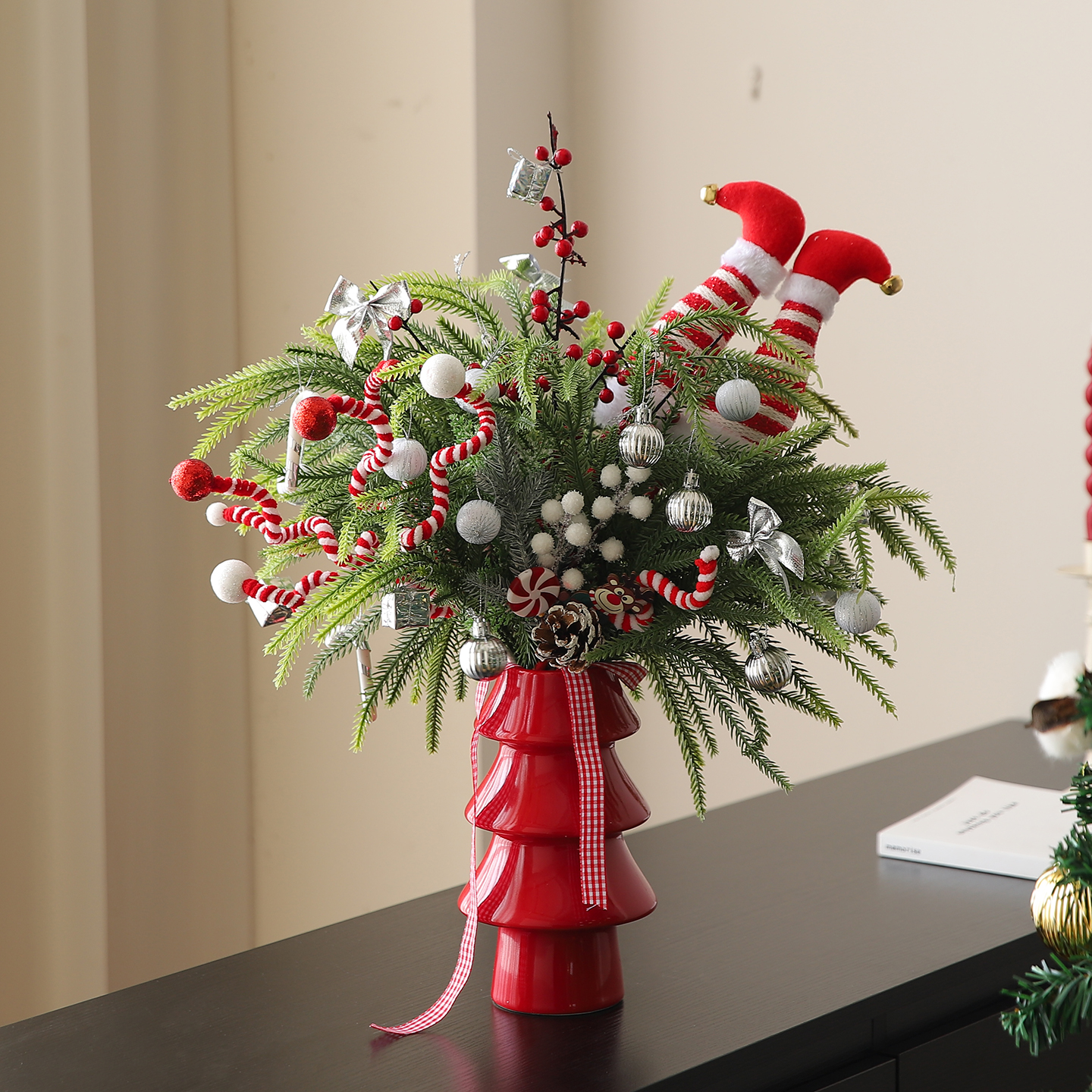 圣诞节假花仿真花束ins氛围感仿真松枝绿植装饰花瓶摆件拍摄道具
