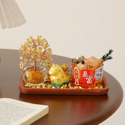 马上有钱黄水晶发财树招财小摆件办公室电脑桌面女生工位装饰礼品