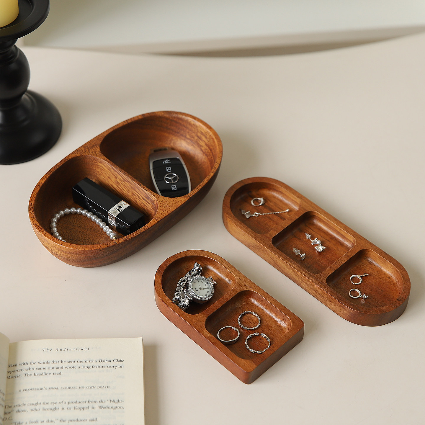 中古风实木质香薰托盘化妆品首饰品玄关钥匙收纳盘茶点盘桌面收纳