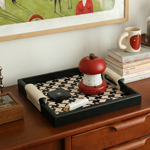 千鸟格木质托盘桌面摆件高级感小众客厅玄关电视柜装饰钥匙收纳盘