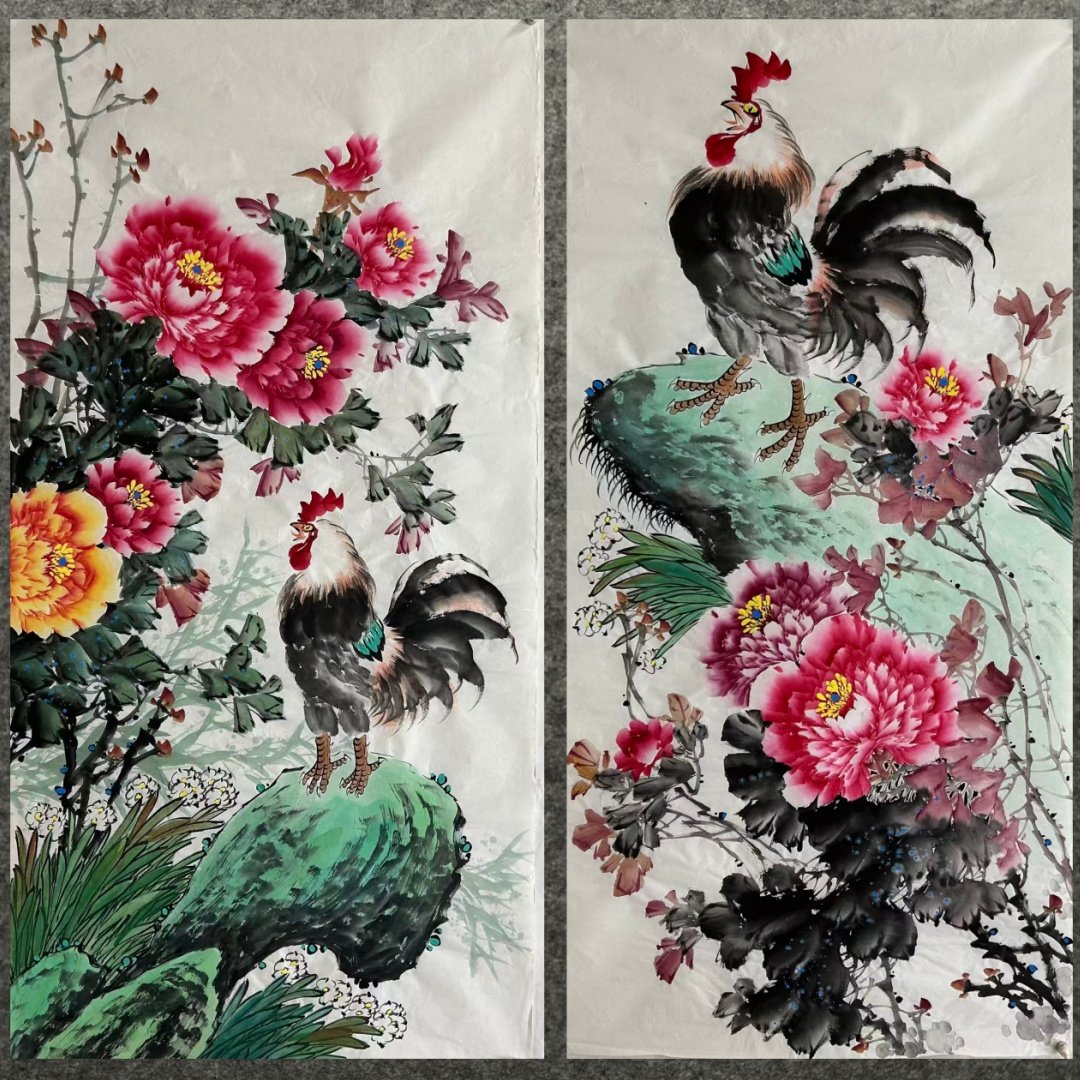 8墨锦轩中堂装饰国画批发花鸟画纯手绘四尺牡丹鸡富贵吉祥未装裱1