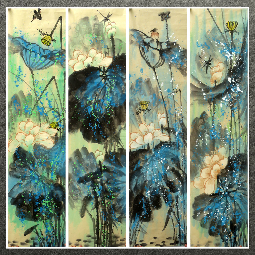 8墨锦轩重彩国画餐厅泼彩条幅花鸟纯手绘四尺对开荷花an3082900