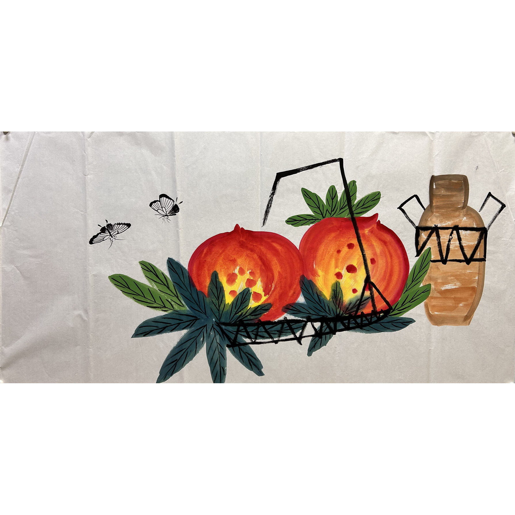 136X68厘米精品纯手绘花鸟画真迹四尺寿桃吉祥字画AC5050201-5