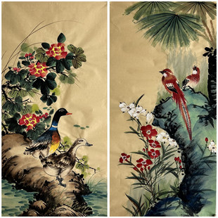 8墨锦轩玄关中堂装饰国画字画纯手绘酒店三尺花鸟画锦鸡荷花01