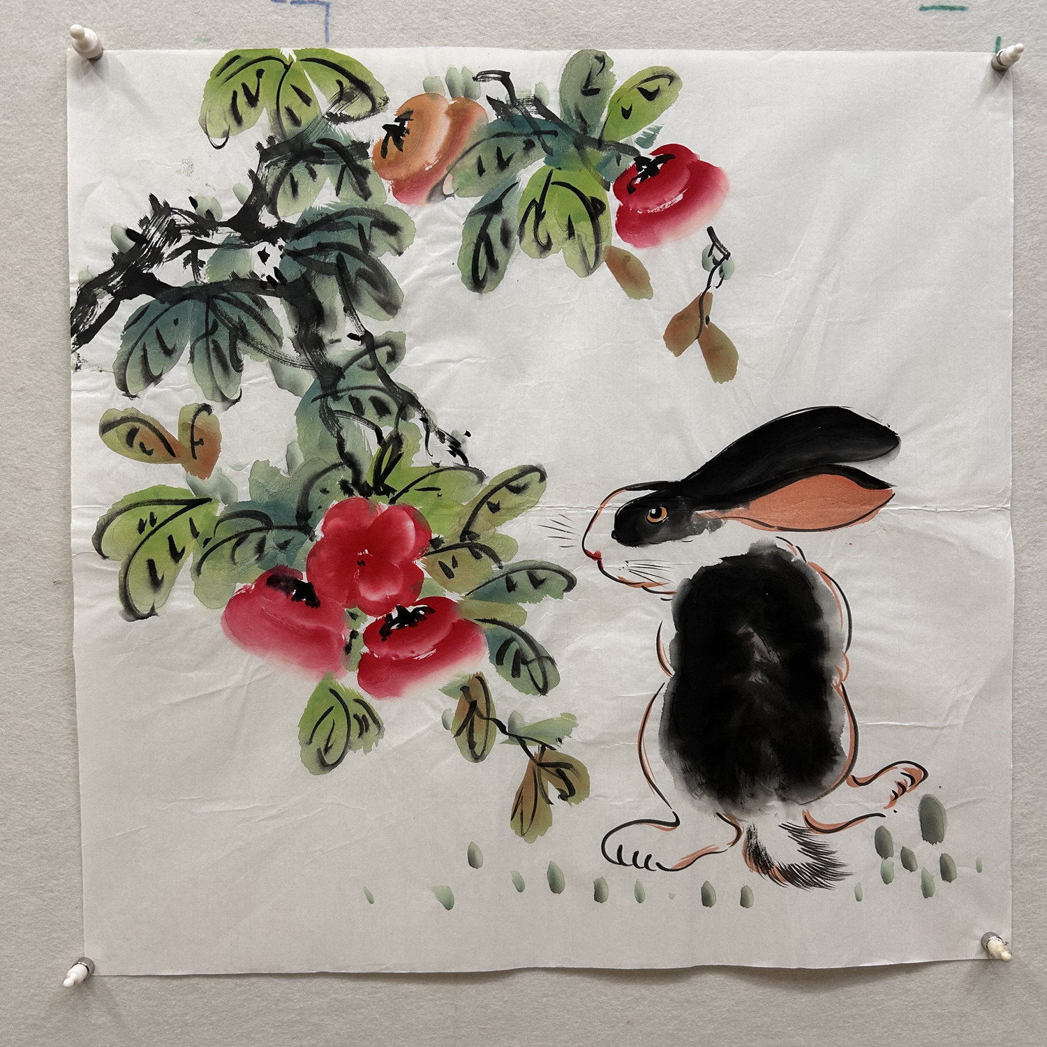 68X68厘米餐厅装饰国画纯手绘花鸟字画四尺斗方兔子玉兔AW30101-4