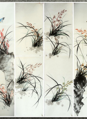 136X34厘米条幅装饰字画国画纯手绘花鸟四尺对开兰花AA301-22