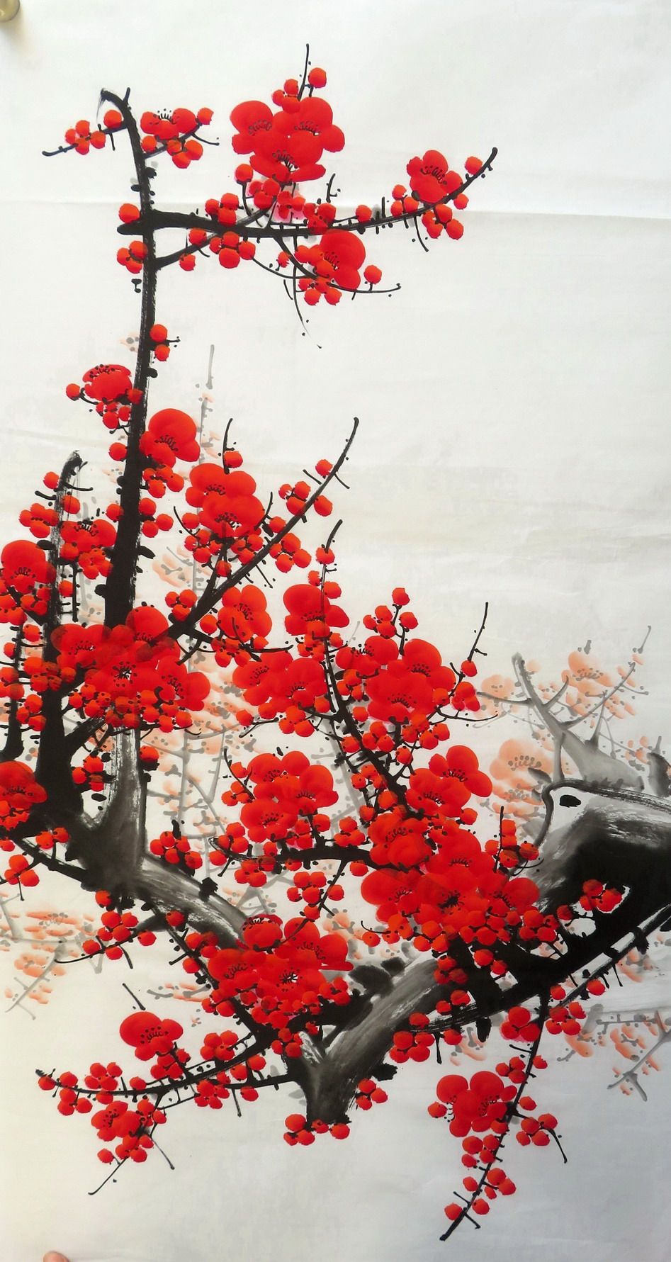 8墨锦轩办公装饰国画花鸟画纯手绘挂画三尺梅花红梅报喜ad1120713