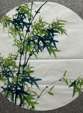 直径68厘米玄关装饰国画花鸟画绿色纯手绘圆形竹子竹报平安02