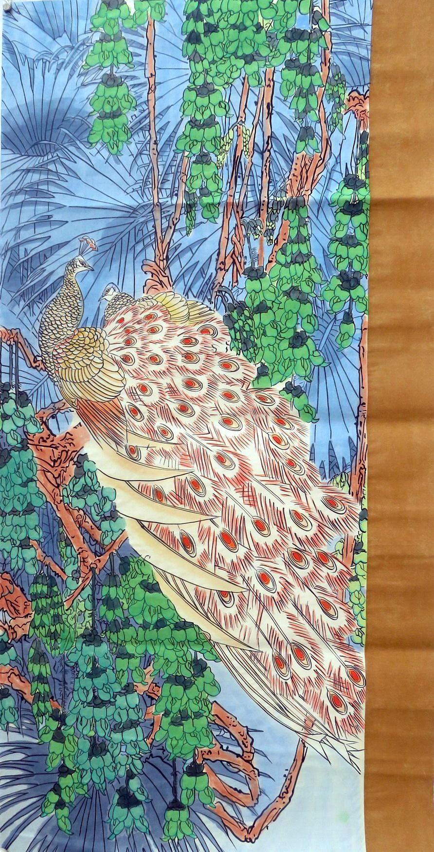 8墨锦轩中堂收藏装饰工笔花鸟国画字画竖幅纯手绘四尺孔雀ah720