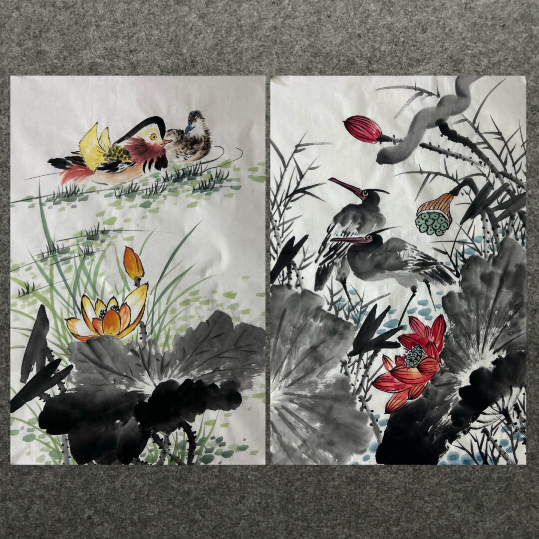 68X45厘米中堂精品装饰国画纯手绘花鸟画四尺三开荷花鸳鸯未装裱1