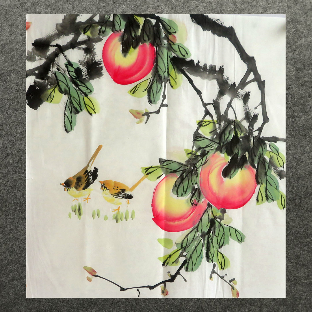 8墨锦轩特价装饰水果水墨国画芯未装裱纯手绘蔬菜三尺斗方寿桃10