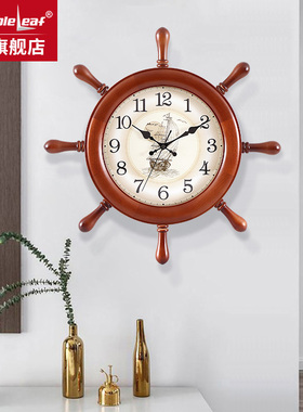 家用创意简约客厅挂钟静音机芯时钟实木个性船舵复古现代装饰钟表