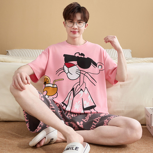 男士睡衣纯棉短袖动漫卡通粉红豹宽松大码透气薄款夏季家居服套装